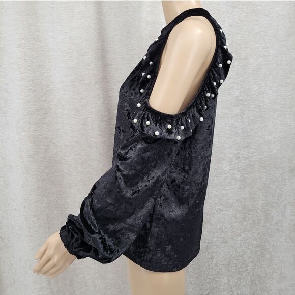 Desfios Black Crushed Velvet Velour Cold Shoulder Long Sleeve Top - Picture 3 of 8
